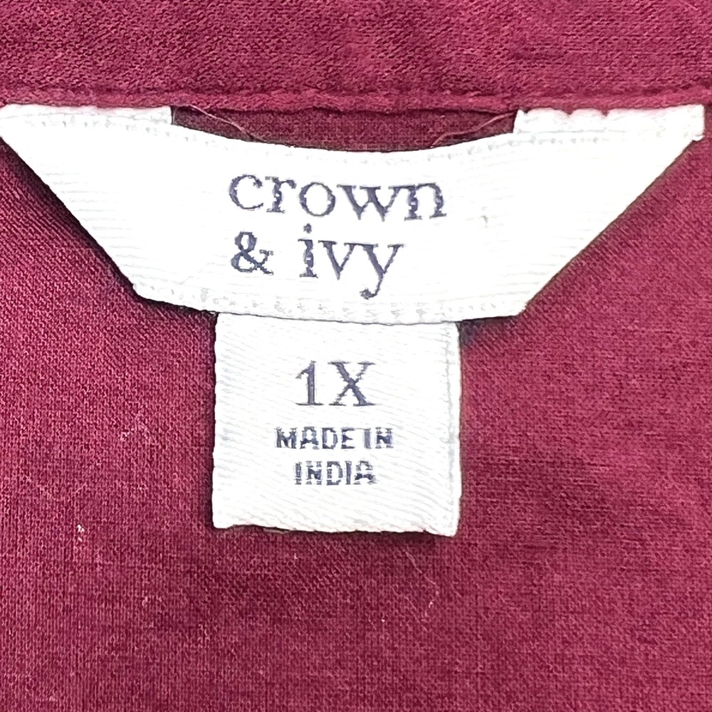Crown & Ivy Dress Womens 1X Gold Embroidered Maroon Long Sleeve Boho Modal Blend - Picture 5 of 12